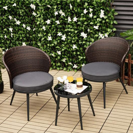 3 Pieces Patio Rattan Bistro Set with 2 Seat Cushions and Tempered Glass Tabletop-Brown at Set Shop and Smile