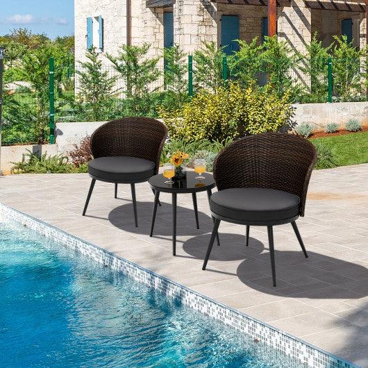 3 Pieces Patio Rattan Bistro Set with 2 Seat Cushions and Tempered Glass Tabletop-Brown at Set Shop and Smile