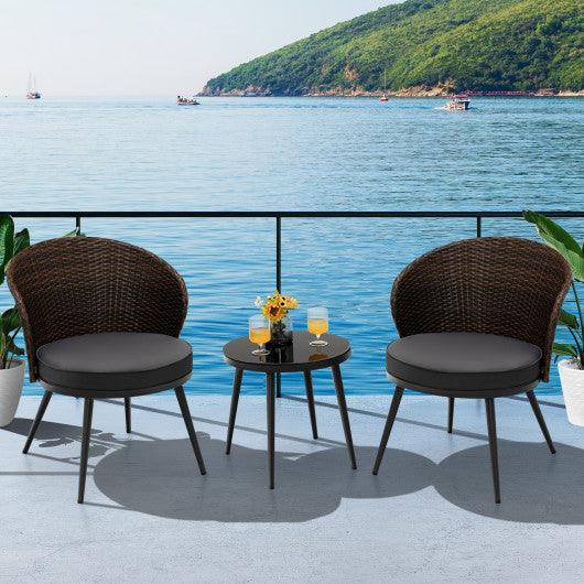 3 Pieces Patio Rattan Bistro Set with 2 Seat Cushions and Tempered Glass Tabletop-Brown at Set Shop and Smile