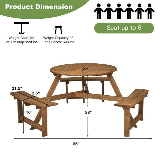 6-person Round Wooden Picnic Table with Umbrella Hole and 3 Built-in Benches-Dark Brown at Set Shop and Smile