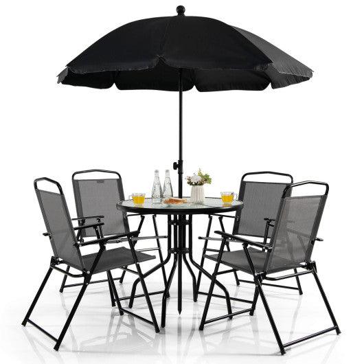 6 Pieces Patio Dining Set Folding Chairs Glass Table Tilt Umbrella for Garden-Gray at Set Shop and Smile