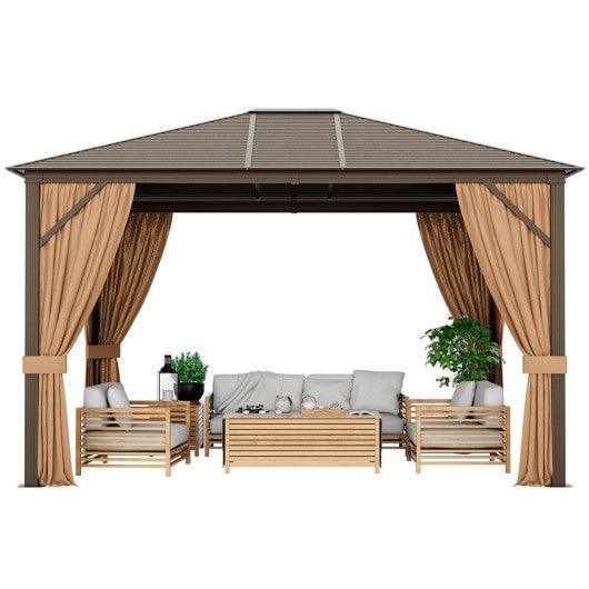 12 x10 Feet Outdoor Hardtop Gazebo with Galvanized Steel Top and Netting-Brown at Set Shop and Smile