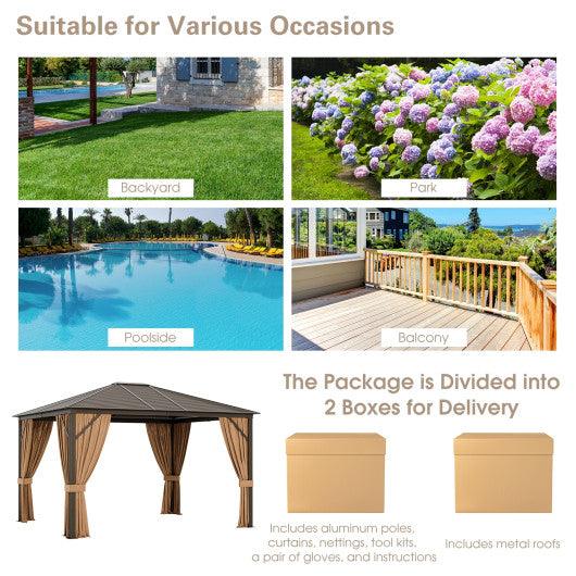 12 x10 Feet Outdoor Hardtop Gazebo with Galvanized Steel Top and Netting-Brown at Set Shop and Smile