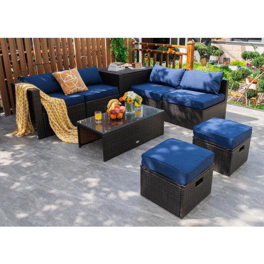 8 Pieces Patio Space-Saving Rattan Furniture Set with Storage Box and Waterproof Cover-Navy at Set Shop and Smile