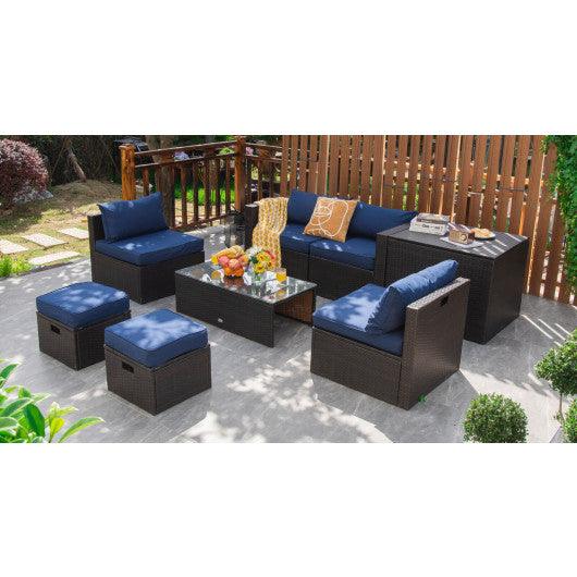 8 Pieces Patio Space-Saving Rattan Furniture Set with Storage Box and Waterproof Cover-Navy at Set Shop and Smile
