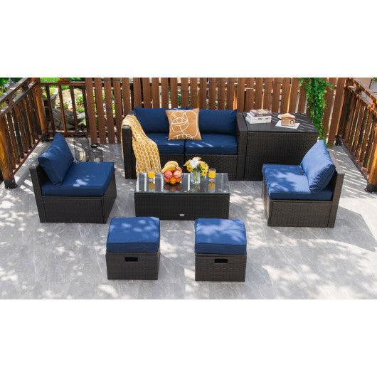 8 Pieces Patio Space-Saving Rattan Furniture Set with Storage Box and Waterproof Cover-Navy at Set Shop and Smile