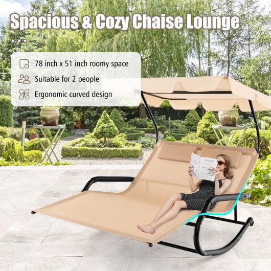 Outdoor 2 Persons Rocking Chaise Lounge with Canopy and Wheels-Beige at Set Shop and Smile