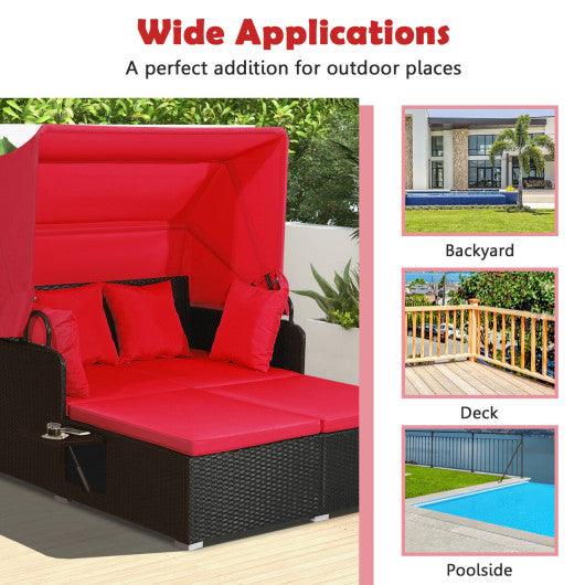 Patio Rattan Daybed with Retractable Canopy and Side Tables-Red at Set Shop and Smile