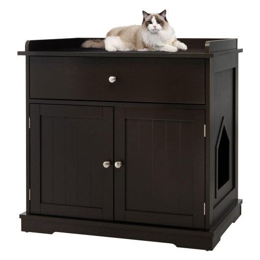 Wooden Cat Litter Box Enclosure with Drawer Side Table Furniture-Brown at Set Shop and Smile
