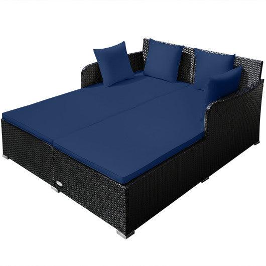 Spacious Outdoor Rattan Daybed with Upholstered Cushions and Pillows-Navy at Set Shop and Smile