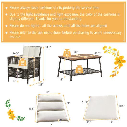5 Pieces Patio Rattan Furniture Set Cushioned Sofa Armrest Wooden Tabletop-Off White at Set Shop and Smile