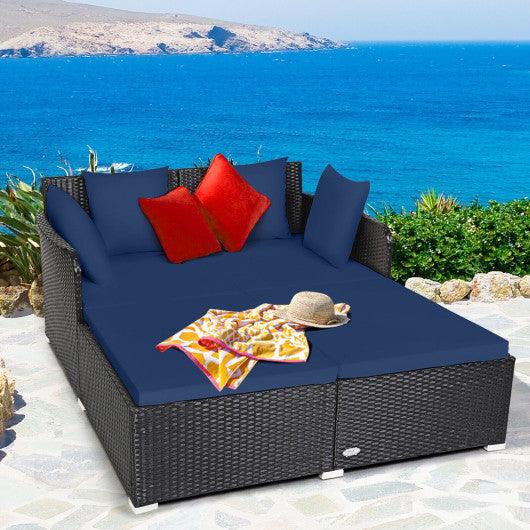 Spacious Outdoor Rattan Daybed with Upholstered Cushions and Pillows-Navy at Set Shop and Smile