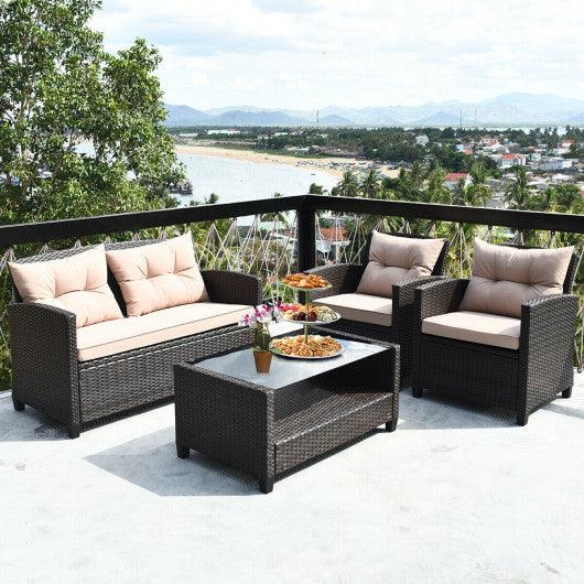 4 Pieces Outdoor Rattan Armrest Furniture Set Table with Lower Shelf-Beige at Set Shop and Smile