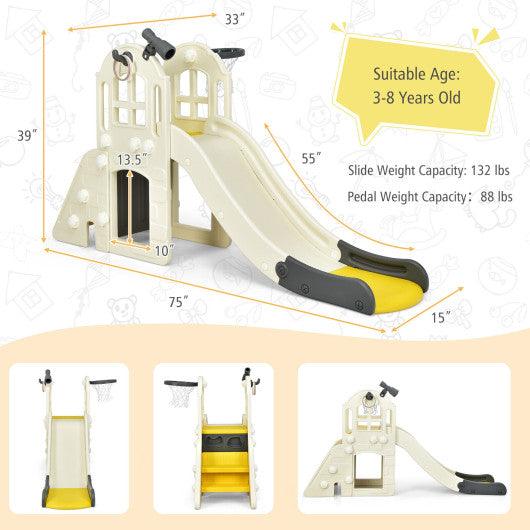 6-In-1 Large Slide for Kids Toddler Climber Slide Playset with Basketball Hoop-Yellow at Set Shop and Smile