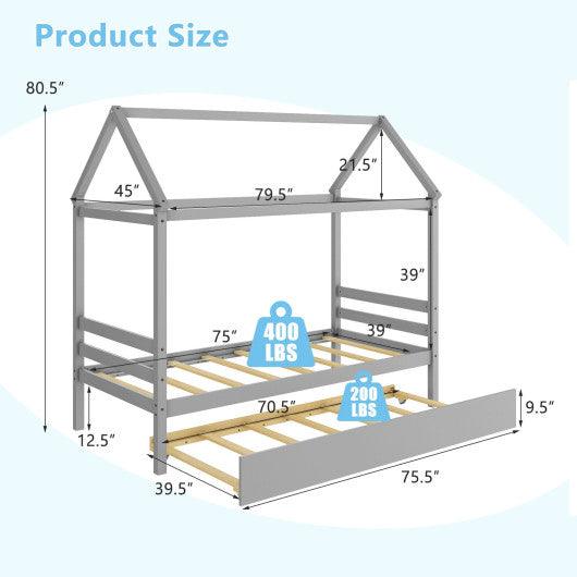 Twin House Bed Frame with Trundle Roof Wooden Platform Mattress Foundation-Gray at Set Shop and Smile