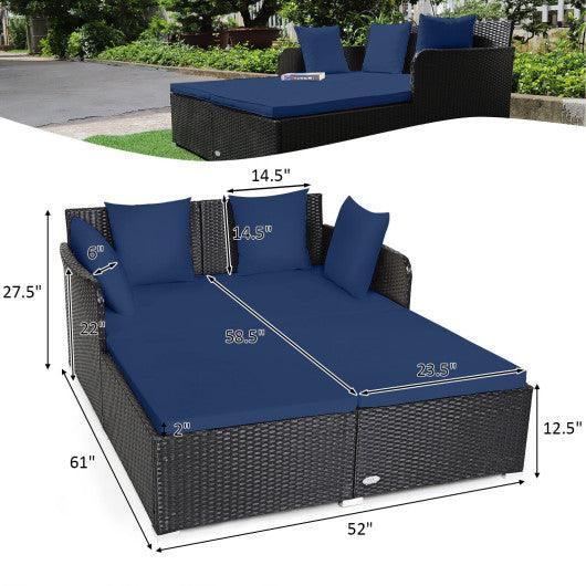 Spacious Outdoor Rattan Daybed with Upholstered Cushions and Pillows-Navy at Set Shop and Smile