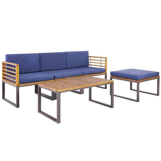 5-Piece Patio Acacia Wood Chair Set with Ottoman and Coffee Table-Navy at Set Shop and Smile