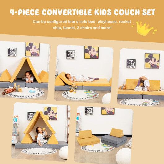 4 Pieces Convertible Kids Couch Set with 2 Folding Mats-Yellow at Set Shop and Smile
