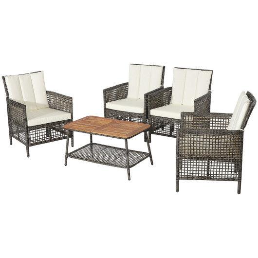 5 Pieces Patio Rattan Furniture Set Cushioned Sofa Armrest Wooden Tabletop-Off White at Set Shop and Smile