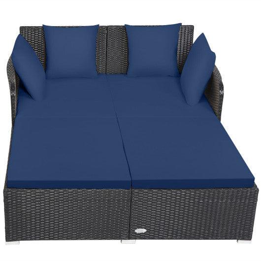 Spacious Outdoor Rattan Daybed with Upholstered Cushions and Pillows-Navy at Set Shop and Smile