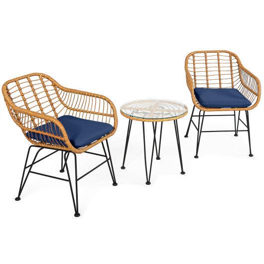3 Pieces Rattan Furniture Set with Cushioned Chair Table-Navy at Set Shop and Smile