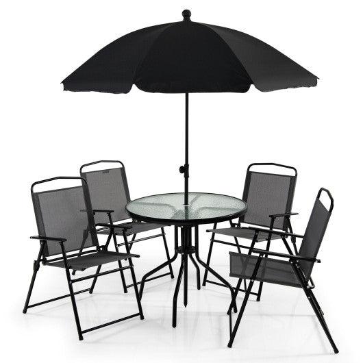 6 Pieces Patio Dining Set Folding Chairs Glass Table Tilt Umbrella for Garden-Gray at Set Shop and Smile