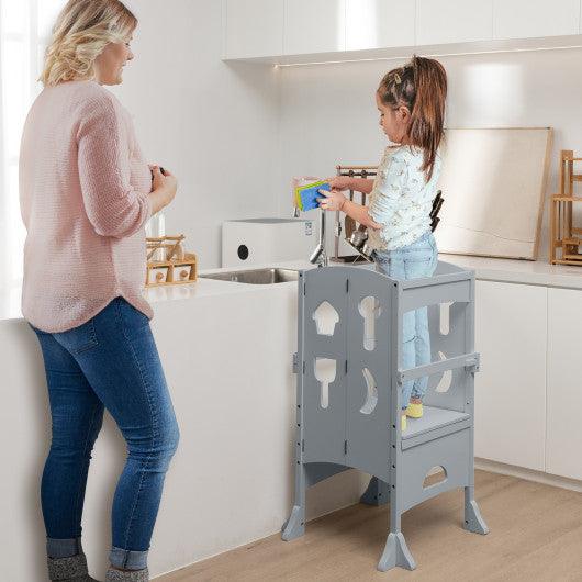 Folding Wooden Step Stool with Lockable Safety Rail for Toddler 3+-Gray at Set Shop and Smile