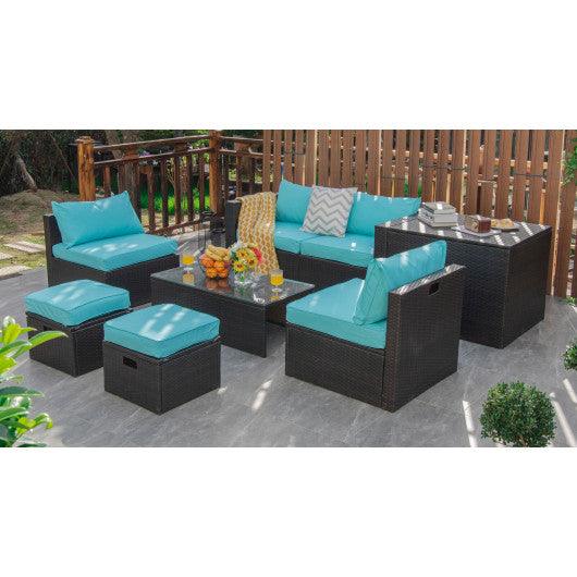 8 Pieces Patio Space-Saving Rattan Furniture Set with Storage Box and Waterproof Cover-Turquoise at Set Shop and Smile