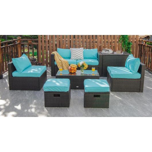 8 Pieces Patio Space-Saving Rattan Furniture Set with Storage Box and Waterproof Cover-Turquoise at Set Shop and Smile
