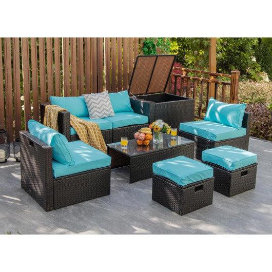 8 Pieces Patio Space-Saving Rattan Furniture Set with Storage Box and Waterproof Cover-Turquoise at Set Shop and Smile