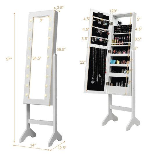Mirrored Jewelry Cabinet Armoire Organizer w/ LED lights-White at Set Shop and Smile